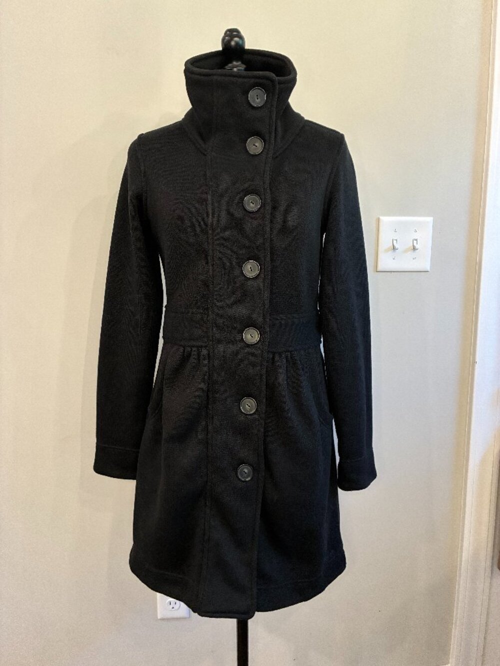 Patagonia Women’s Black Fleece Coat Button Front High Collar Jacket 0378